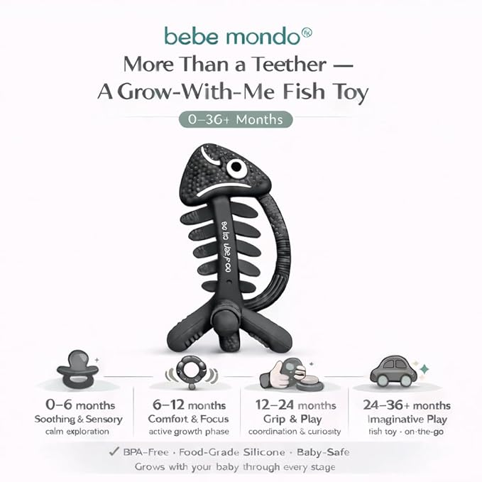 3 in 1 Infant Toys, Baby Teething Toys 3–6 6–12 Months, Teethers for Babies 0–3–6–12 Months for Teething Relief, Baby Gift, Baby Teether Toys, Silicone Sensory Toys, USA Patent Pending, Fish (Black)