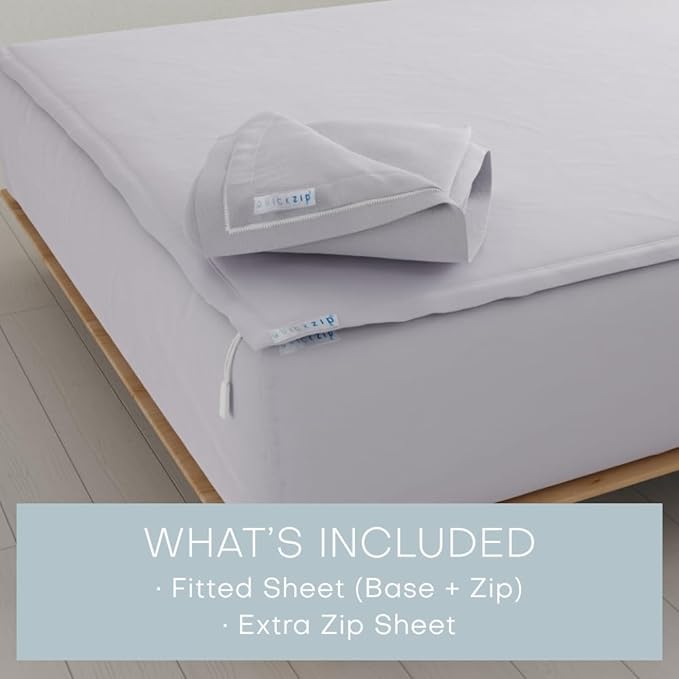 QuickZip Fitted Plus Spare Bundle: 1 Fitted & 1 Zip Sheet - Easy Change, Won't Pop Off - Soft Percale 400 TC 100% Cotton - 15' Deep Pockets Full Size Sheets Lavender