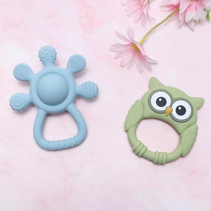Baby Teether and Rattle Toy Set, BPA-Free, Food-Grade Silicone, Easy-Grip Teething Rattle for Babies, Soothing Teething Toy, Infant Sensory Toy for 3-24 Months (Owl)