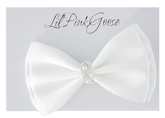 0-12 Newborn Baby Baptism Pearl Headband or Clip with Bow in WHITE Christening Headband with Satin Bow, Pearl Rhinestone Band (Off White Clip, 1 Count (Pack of 1))