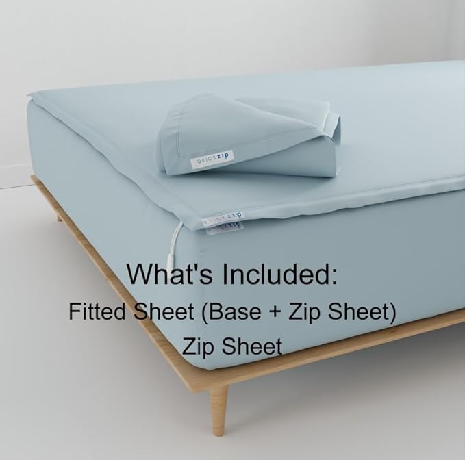 QuickZip Fitted Plus Spare Bundle: 1 Fitted Sheet (Base + Zip Sheet) & 1 Zip Sheet - Easy to Change, Won’t Pop Off - Soft Sateen 400 TC 100% Cotton - 15” Deep Pockets Twin Size Sheets – Dusty Blue