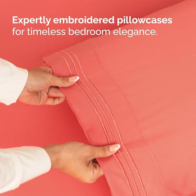 Full XL Bed Sheet Set - 4 Piece Extra Long Extended Full XL Sheets - Soft, Breathable & Cooling - Fits 8" to 16" Mattress with Deep Pockets - 54" x 80" - Easy-Fit, Wrinkle and Fade Resistant - Coral