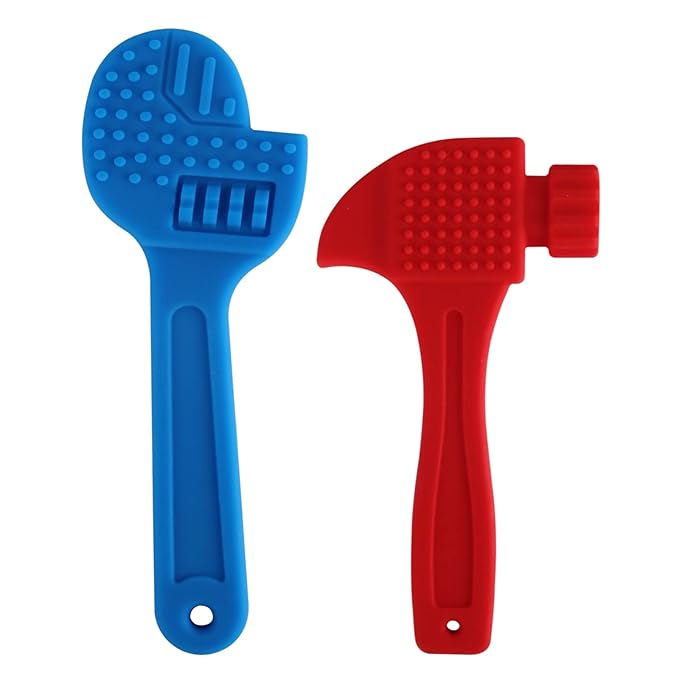 Fu Store 2 Pack Soft Silicone Teething Toys for Toddlers Hammer Spanner Tools Shape Baby Teethers Relief Soothe Babies Gums Set
