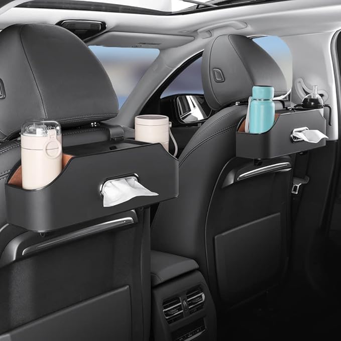 New car headrest Rear seat Multifunctional Storage Box, partition Design, with Cup Holder, Tissue Box, headrest Hook, Suitable for Children and Adults, car Travel Accessories (Black)