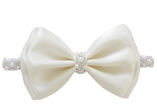 0-12 Newborn Baby Baptism Pearl Headband or Clip with Bow in WHITE Christening Headband with Satin Bow, Pearl Rhinestone Band (Cream(0-3Months), 1 Count (Pack of 1))