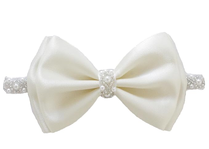 0-12 Newborn Baby Baptism Pearl Headband or Clip with Bow in WHITE Christening Headband with Satin Bow, Pearl Rhinestone Band (Cream(3-6Months), 1 Count (Pack of 1))