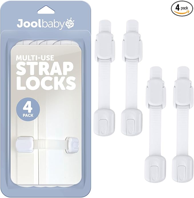 Child Safety Strap Locks (4 Pack) Baby Proof Cabinets, Drawers, Fridge, Toilet & Trash Cans – 3M Adhesive Childproof Locks – Jool Baby