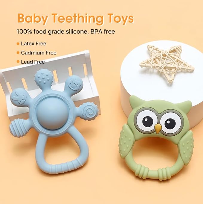 Baby Teether and Rattle Toy Set, BPA-Free, Food-Grade Silicone, Easy-Grip Teething Rattle for Babies, Soothing Teething Toy, Infant Sensory Toy for 3-24 Months (Owl)