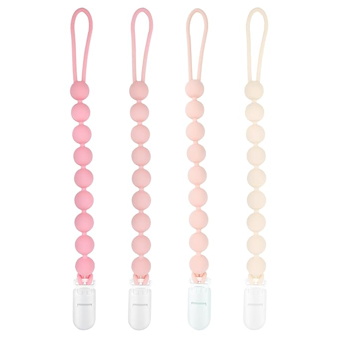 Baby Girl Newborn Essentials, 4 Pack Silicone Pacifier Clips for Girls, One Piece Flexible Soft Binky Clips Baby Stuff and Gifts for Girls
