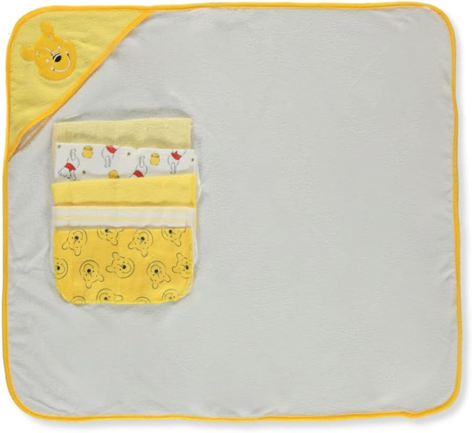 Cudlie Accessories Disney Baby Winnie The Pooh Hooded Towel with 5 Piece Washcloth Set, Honey Collector Print, GS71798, Yellow
