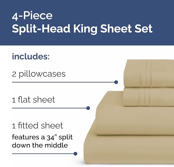 Flex Top Split Head King 4 Piece Sheet Set - Comfy Breathable & Cooling Bed Sheets Set - Hotel Luxury Bedding for Women, Men, Kids, Teens, Boys & Girls - Deep Pockets, Ultra-Soft - Oeko-Tex - Beige