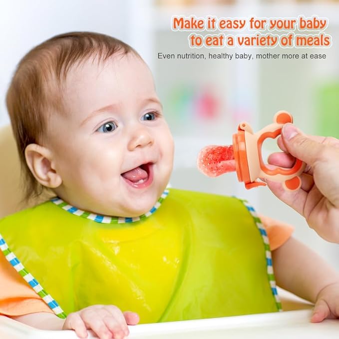 Baby Fresh Fruit Feeder Pacifier, 2 Pack HAOBAOBEI Baby Teether for Chewing, Freezable Infant Teething Toy, Teething Relief, Food Feeder with 4 Silicone Pouch, BPA Free - Monkey (Orange & Blue)