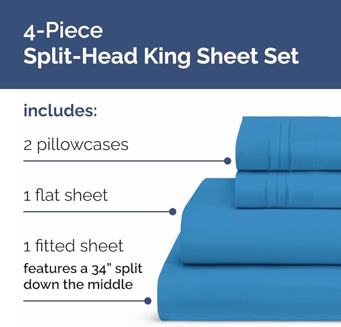 Split Head King Sheet Set – 4 Piece Flex Split Top King Sheets for Adjustable Beds - Fits 14” to 16" Mattress w/ Deep Pockets - Soft, Breathable & Cooling - Luxury Bedding & Wrinkle Free - Denim Blue