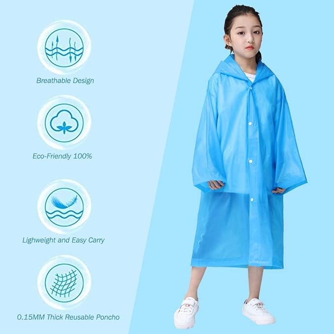 Raincoat Rain Poncho for Kids, 2-5 Pack Reusable EVA Rain Coats for 6-14 Boys Girls, Rain Jackets Gear with Hood