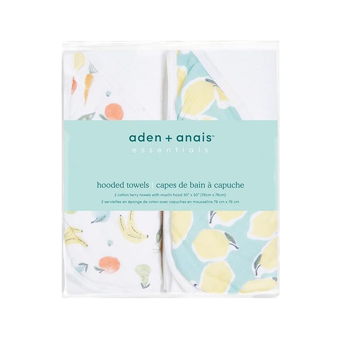 aden + anais Essentials Hooded Baby Bath Towel, Super Soft 100% Cotton, 2 Pack, Farm to Table