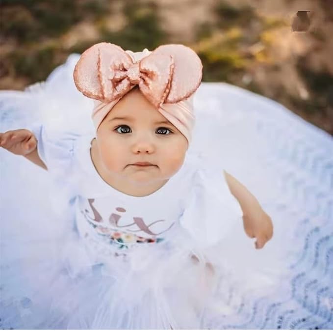 JIAHANG Baby Girl Mouse Ears Turban Headwrap with Gold Sequin Bows, Wide Velvet Hairband for Newborn, Toddler, and Kids - Party Supplies