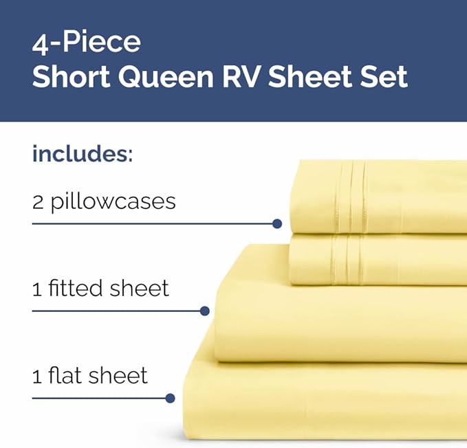 RV Short Queen Sheet Set 60 X 75 - 4 Piece RV Short Queen Bed Sheets - Soft, Breathable & Cooling - Designed for Bunks, Trailers and Campers - Fits 8” to 12" Mattress - Hotel Luxury Bedding - Yellow