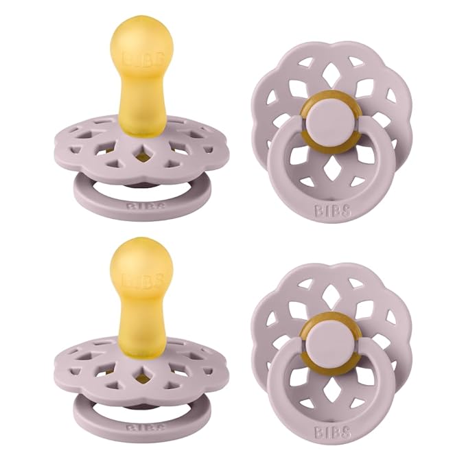 BIBS Boheme Rubber Pacifier Set for 6–18 Months | BPA-Free Round Latex Nipple Soothers | Toddler Teat Set | Made in Denmark | 4-Pack | Dusty Lilac