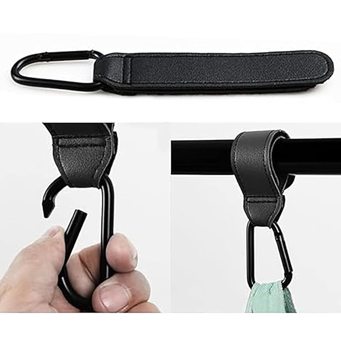 4PCS Stroller Hook Accessories, Multipurpose Stroller Bag Hooks, Leather Stroller Clips for Diaper Bags Pet Carts Grocery Shopping Bags(Black and Brown)
