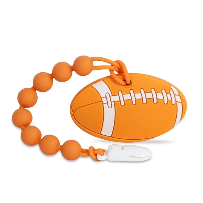 Baby Sports Ball Teething Toys,Food Grade Silicone Teether with One-piece Pacifier Clip Holder,Shower Gift,Teething Pain Relief for 3 Months+ Boy and Girl,BPA Free,Freezer Safe. (American Football)