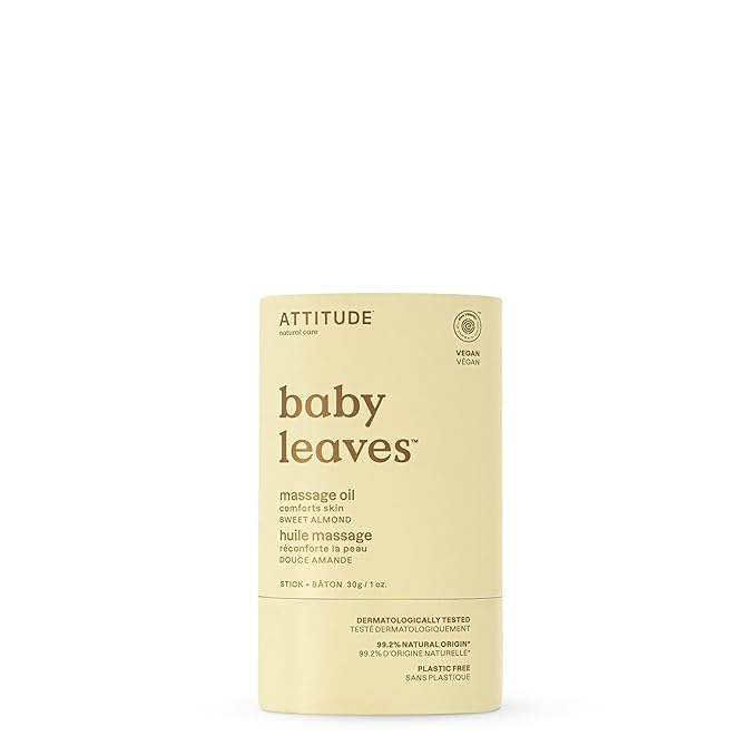 ATTITUDE Plastic-Free Massage Oil Bar for Baby, EWG Verified, Dermatologically Tested, Made with Naturally Derived Ingredients, Vegan, Sweet Almond, 1 Ounce