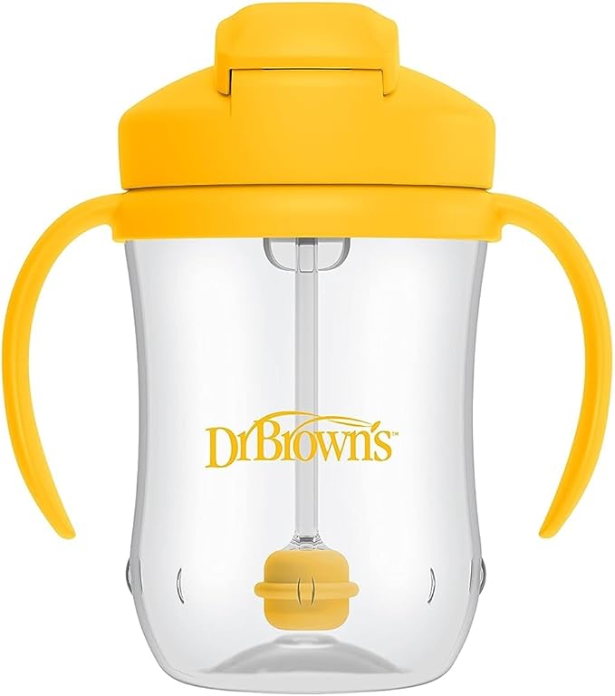 Dr. Brown's Milestones Baby's First Straw Cup, Training Cup with Weighted Straw, 9oz/270mL, Vintage Yellow, BPA Free, 6m+