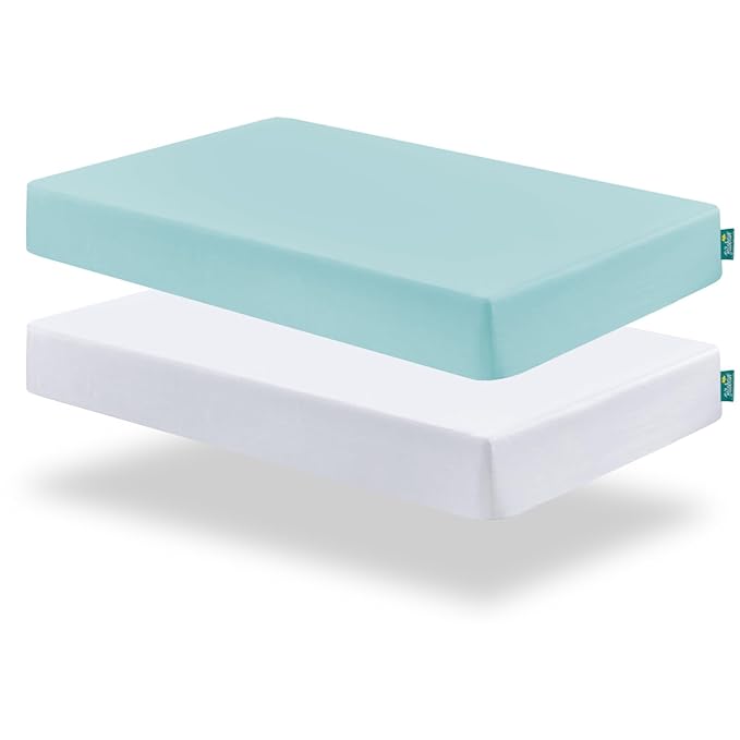 Biloban Pack and Play Sheets Fitted, 2 Pack Pack and Play Sheet Fits for Graco Pack n Play Mattress, Neutral Playard Sheets for Baby Boys and Girl, White & Aqua