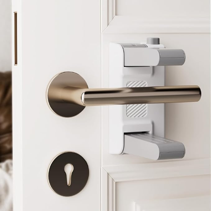 YEYA Upgrade Child Safety Door Handle Lock, White Universal Fit Lever Locks with Stong 3M Adhesive Backing, 2-Pack Toddler Proof Safety Locks for Indoor Doors, Dual-Button Security & Easy Installation
