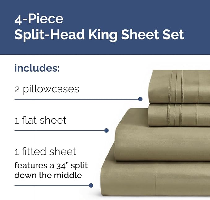 Flex Top Split Head King 4 Piece Sheet Set - Comfy Breathable & Cooling Bed Sheets Set - Hotel Luxury Bedding for Women, Men, Kids, Teens, Boys & Girls - Deep Pockets, Ultra-Soft - Oeko-Tex - Khaki