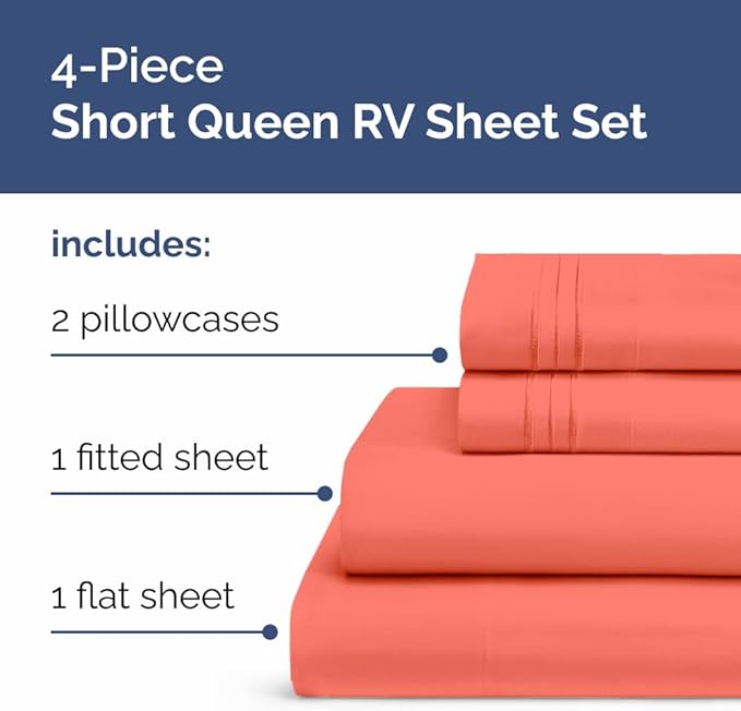 RV Short Queen Sheet Set 60 X 75 - 4 Piece RV Short Queen Bed Sheets - Soft, Breathable & Cooling - Designed for Bunks, Trailers and Campers - Fits 8” to 12" Mattress - Hotel Luxury Bedding - Coral
