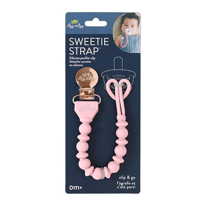 Itzy Ritzy Silicone Pacifier Clip; 100% Food Grade Silicone Pacifier Strap with Clip Keeps Pacifiers, Teethers & Small Toys in Place Features One-Piece Design & Cord (Pink)