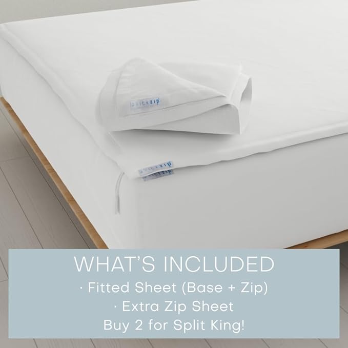 QuickZip Fitted Plus Spare Bundle: 1 Fitted Sheet (Base + Zip Sheet) & 1 Zip Sheet - Easy to Change, Won’t Pop Off - Soft Sateen 400 TC 100% Cotton - 15” Deep Pockets Twin XL Size Sheets – White