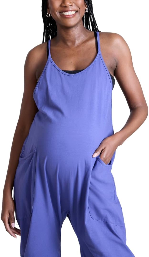 Motherhood Maternity womens Casual Baggy Sleeveless V-neck Pregnancy Romper Jumpsuit With Loose Spaghetti Straps and Pockets