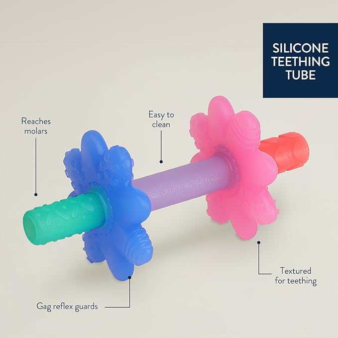 Itzy Ritzy Teensy Tube Teether – Textured Hollow Baby Teething Tube That Reaches Front Teeth & Back Molars, Made of Soft Silicone (Pink Rainbow)