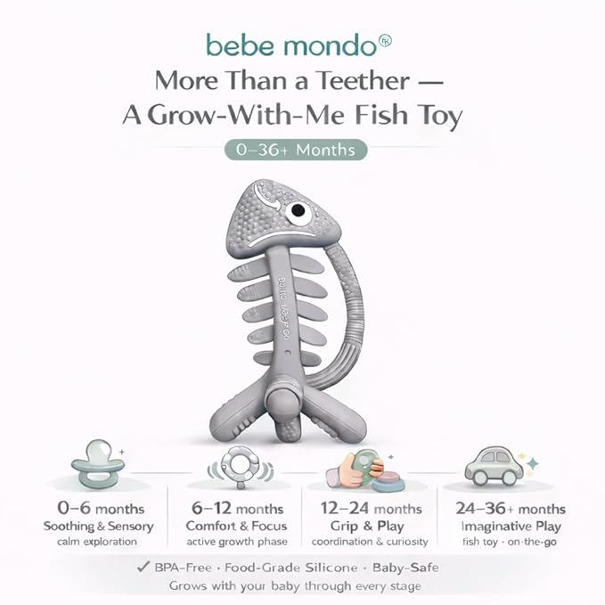 3 in 1 Infant Toys, Baby Teething Toys 3–6 6–12 Months, Teethers for Babies 0–3–6–12 Months for Teething Relief, Baby Gift, Baby Teether Toys, Silicone Sensory Toys, USA Patent Pending, Fish (Gray)