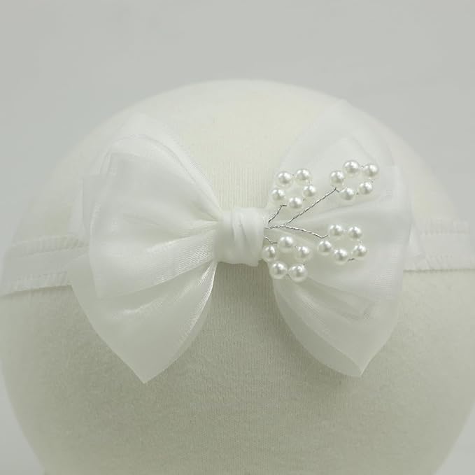 Fairy Multi-layer Pearlescent Organza White Bow Headband for Baby Girl Baptism Christening White Bow Headpiece (0-6 months,Off White headband-5)