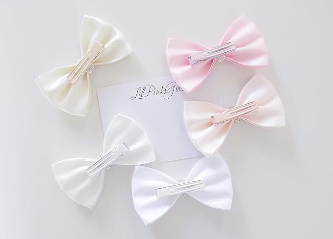 0-12 Newborn Baby Baptism Pearl Headband or Clip with Bow in WHITE Christening Headband with Satin Bow, Pearl Rhinestone Band (Light Pink Clip, 1 Count (Pack of 1))