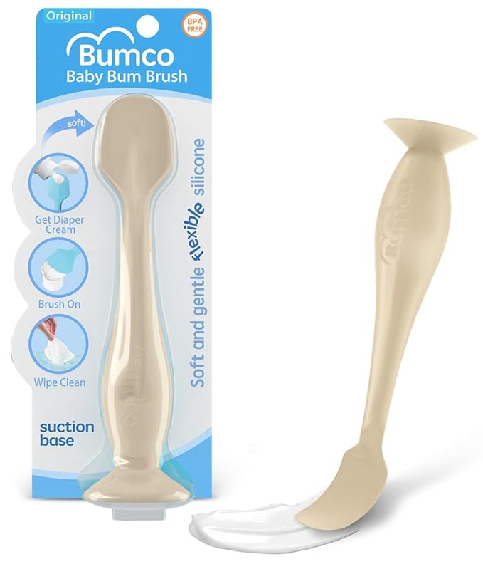 Bumco Baby Bum Brush - BPA-Free Diaper Cream Spatula with Suction Cup Base, Soft & Flexible Silicone, Wipe-Clean, Mom-Invented Diaper Bag Essentials (Sand)