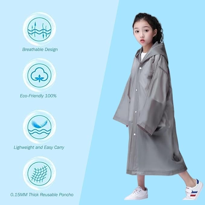 Raincoat Rain Poncho for Kids, 2-5 Pack Reusable EVA Rain Coats for 6-14 Boys Girls, Rain Jackets Gear with Hood