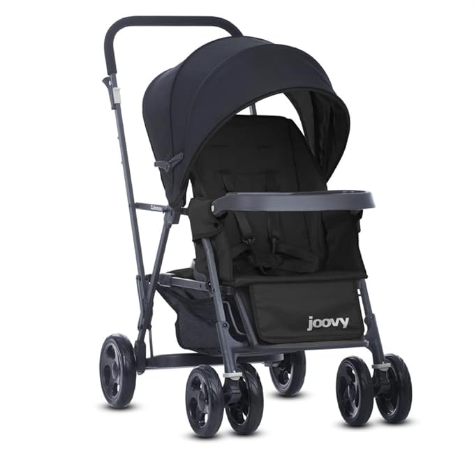 Joovy Caboose Sit and Stand Double Stroller with Rear Bench and Standing Platform, 3-Way Reclining Seats, Optional Rear Seat, and Universal Car Seat Adapter (Black)