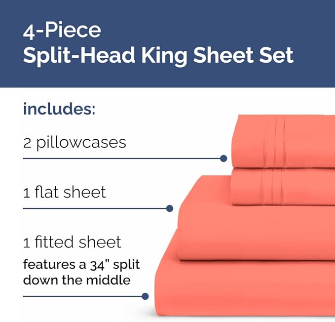 Flex Top Split Head King 4 Piece Sheet Set - Comfy Breathable & Cooling Bed Sheets Set - Hotel Luxury Bedding for Women, Men, Kids, Teens, Boys & Girls - Deep Pockets, Ultra-Soft - Oeko-Tex - Coral