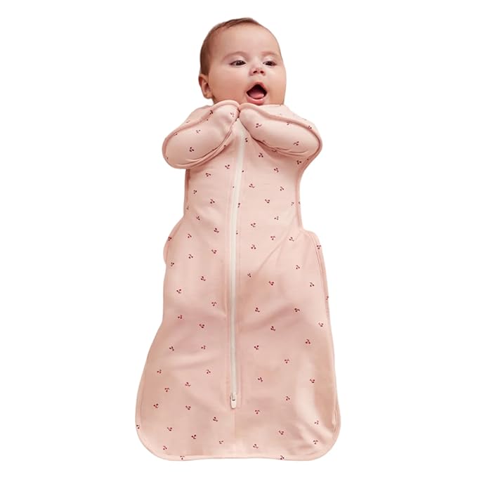 Love to Dream Swaddle Up Bamboo, Arms Up Position, Soft and Luxurious 100% Viscose from Bamboo - Wearable Blanket - 1.0 TOG - (20-24°C) Ideal for Moderate Temps (Cherries Blush, Newborn, 2.2–3.8kg)