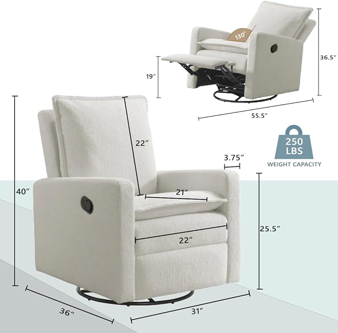 Oxford Baby Uptown Manual Upholstered Glider Recliner Rocking Chair 360° Swivel for Nursery and Living Room – Boucle White