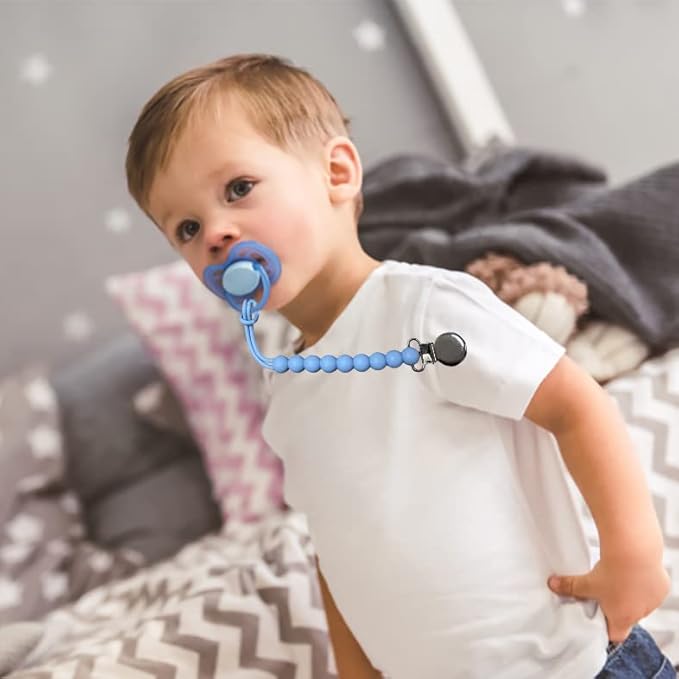 Pacifier Clip for Boys Girls - MORIBOX 4 Pack Paci Clip Soothie Baby Binky Holder for Shower Gift Birthday (Dgrey+Dgreen+Blue+Lpink)