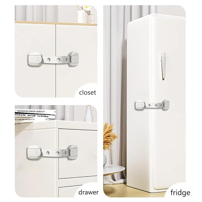 Child Safety Strap Locks (3 Pack) Baby Locks for Cabinets and Drawers, Toilet, Fridge & More. Adhesive Pads. Easy Installation, No Drilling Required, White/Gray (White, 3 pcs (Pack of 1))