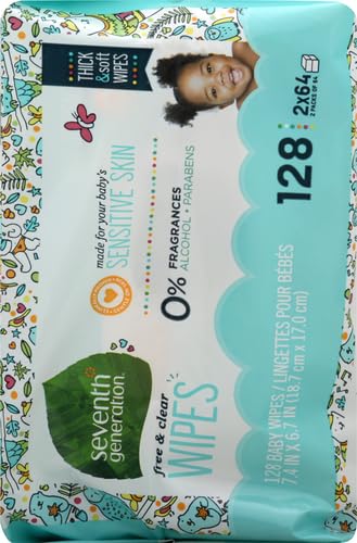 Seventh Generation, Baby Wipes, Unscented and Sensitive, 64 Count (Pack of 2)