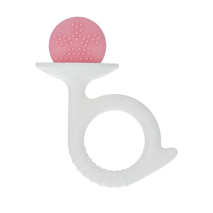 Nuby Silicone Fun Teethers - (2-Pack) Baby Teething Toy - Chick and Tuba Shapes - 3+ Months - Purple and Pink