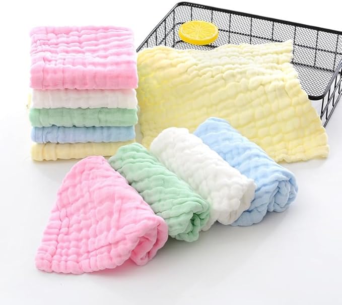 10 Pack Soft Muslin Unisex Baby Washcloths For Daily Use, 100% Cotton Set For Delicate Skin. Soft and Super Absorbent, Newborn Baby Essentials And Baby Registry,12x12 Inches (Multicolored)
