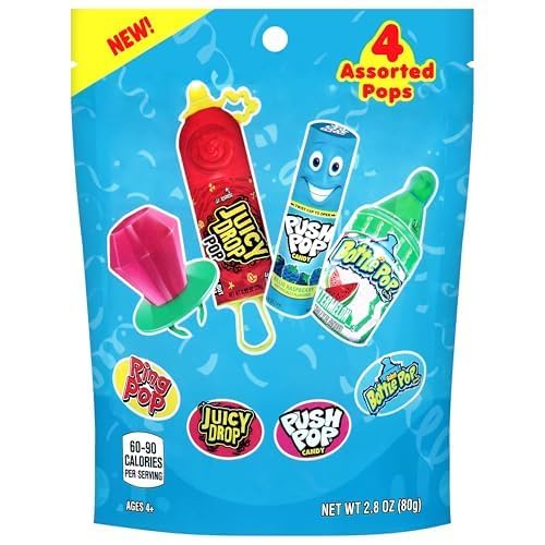 Candy Variety Pack Bag, 4 Ct Individually Wrapped Lollipops, Ring Pop, Push Pop, Baby Bottle Pop & Juicy Drop For Birthday Parties, Valentine's Gifts, Goodie Bags, Party Favors