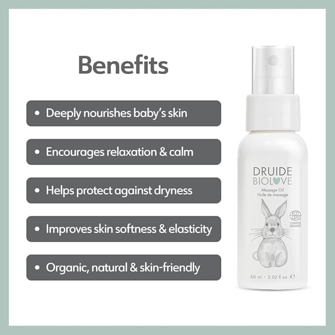 BioLove Baby Massage Oil,Gentle Body Oil W/Sunflower Calendula, Natural For Babies Young Kids Deep Moisturizing Organic –60 ml(2.02 oz Chamomile Made in Canada Lavender,Geranium by Druide